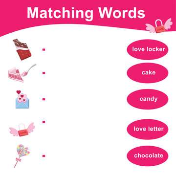 Matching words with images of valentine items. Matching words game for kids. Educational printable game worksheet. Valentine theme. Vector illustrations file.
