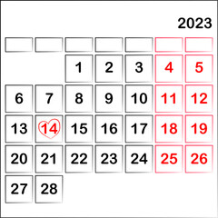 illustrated blank or empty set of calendar icons for February 2023, isolated illustration png for web