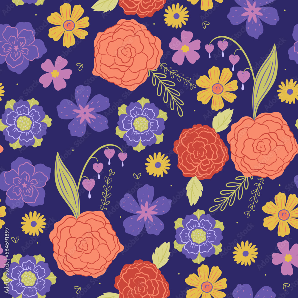 Canvas Prints Seamless pattern with various flowers on a dark blue background. Vector graphics.