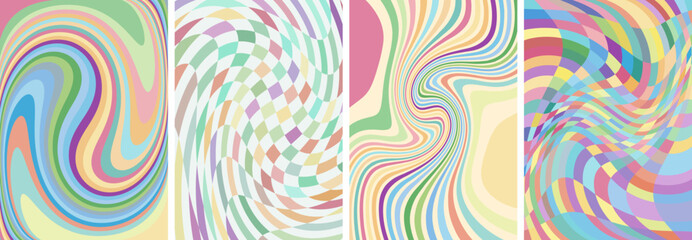 Retro groovy colorful art banner set. Psychedelic hippie style swirl rainbow background collection. Vintage hippy crazy various twist and melt abstract poster. Trendy y2k pop culture bright eps design
