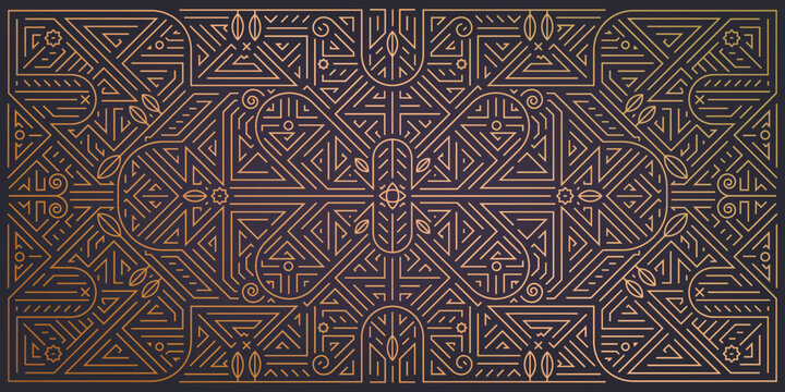 Vector abstract geometric golden background. Art deco wedding, party pattern, geometric ornament, linear style with leaves and flowers. Horizontal orientation luxury, fancy decoration element.