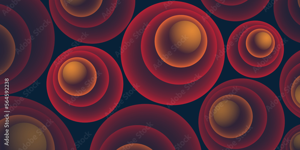 Poster Lots of Abstract Red and Brown 3D Spiralling Funnels, Many Concentric Circles of Various Sizes Pattern - Perspective View, Colorful Spheres Design on Dark Background, Vector Illustration
