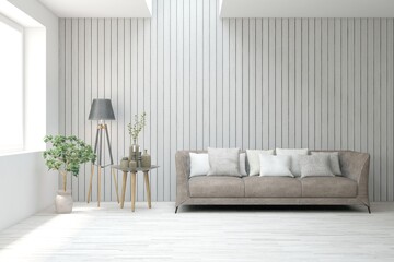 White living room with sofa. Scandinavian interior design. 3D illustration