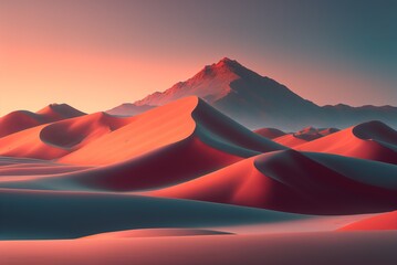 Red desert dunes and mountain at sunset