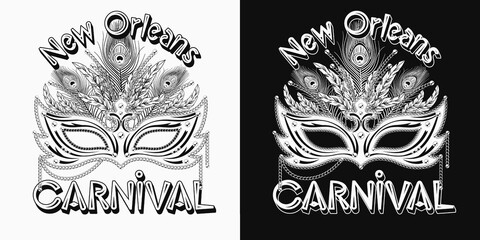 Carnival Mardi Gras label with luxury mask, gold chains, feathers, beads, text New Orleans. For prints, clothing, t shirt, surface design. Vintage style