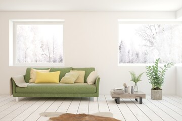 White living room with sofa and winter landscape in window. Scandinavian interior design. 3D illustration