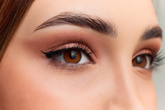 Cropped image of female eyes. Model with brown eyes and nude makeup. Brows and lashes lamination. Concept of natural beauty, skin care, cosmetology, cosmetics, health, plastic surgery