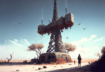 Post apocalyptic radio tower on a destroyed world on Earth generative ai