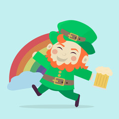 Happy St. Patrick's day leprechaun with beer and rainbow. St. Patrick's day concept. 