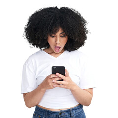 An attractive young woman using a smartphone and looking shocked isolated on a PNG background.
