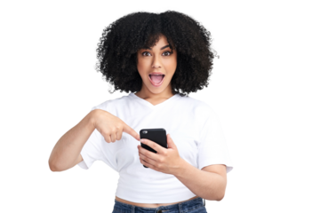 An attractive young woman using a smartphone and looking shocked isolated on a PNG background.