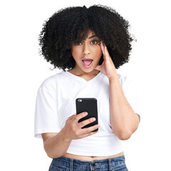 An attractive young woman using a smartphone and looking shocked isolated on a PNG background.