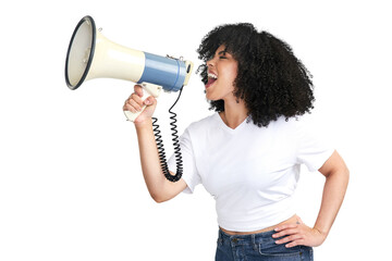 An attractive young woman using a megaphone isolated on a PNG background.