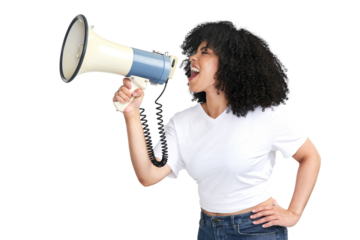 An attractive young woman using a megaphone isolated on a PNG background.