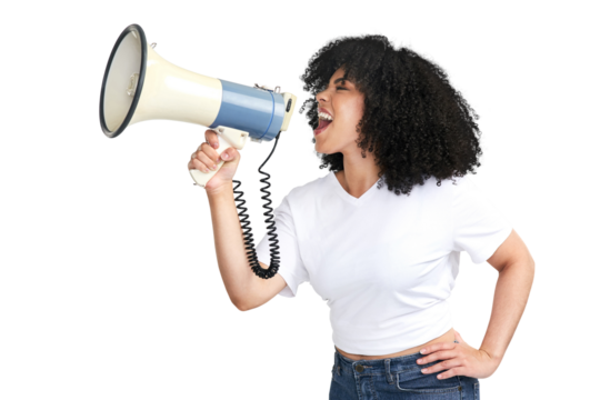 An attractive young woman using a megaphone isolated on a PNG background.