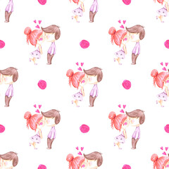 Hand drawn watercolor valentine kissing couple seamless pattern on white background. St. Valentine's decorative element. Scrapbook, lable, banner, textile, fabric.