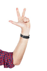 Numbers, counting and hand of a man with a countdown isolated on a white background. Communication, sign language and person with fingers for an opinion, showing and gesturing on a studio backdrop