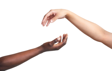 Two women reaching their hands out to each other isolated on a PNG background.