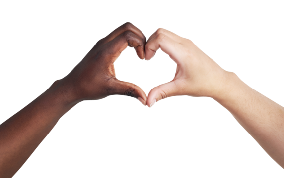 Two unrecognisable women joining their hands to make a heart shape isolated on a PNG background.