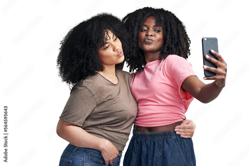 Wall mural png studio shot of two young women using a smartphone to take selfies