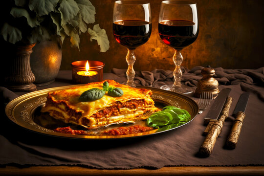 Romantic Dinner Of Italian Cuisine Homemade Lasagna With Wine