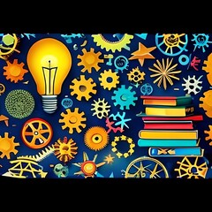 a bright colorful collage with books, cogs, brain, lightbulb, intelligence, learning, education, 