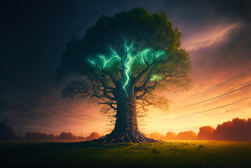 Big tree with wires connected. And green lighting amongst its crown. Green energy concept. Generative AI