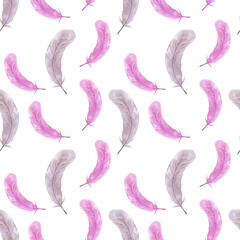 Hand drawn watercolor children feather seamless pattern on white background. Scrapbook, lable, banner, textile, fabric.