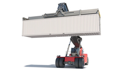 Naklejka premium The red reach stacker (loader) lifts and loads a white sea container (ship container). 3d illustration. Isolated on white background