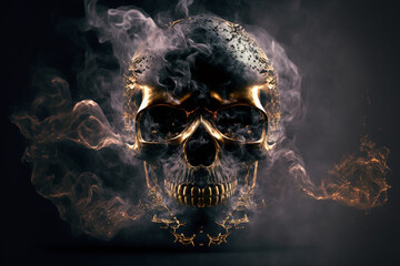 Metallic skull emerging from smoke, generative AI. 