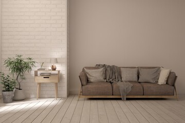 White living room with sofa. Scandinavian interior design. 3D illustration