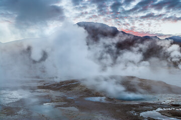 El Tatio geyser field in the high Andes of northern Chile at sunrise