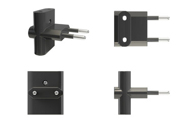 Black electric tee. 3D Illustration. Isolated on white background. Front, right, top, isometric view