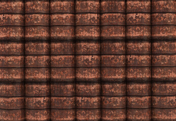 A wall of rusty barrels. It can be used to display the concept of recycling used containers. 3D Illustration.