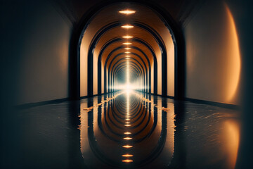 Generative AI of a tunnel in the dark with lights.	
