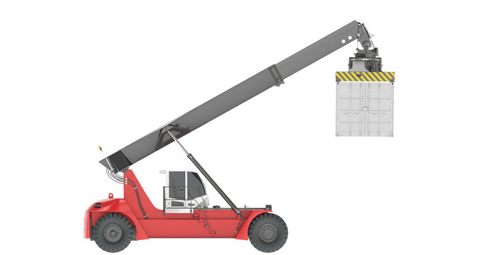 The red reach stacker (loader) lifts and loads a white sea container (ship container). 3d illustration. Isolated on white background