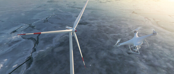 A drone (quadcopter) flying to a wind turbine (wind farm). Suitable for demonstrating the use of drones in the field of renewable energy, inspection and maintenance of wind farms. 3D Illustration. © Orange Dragon Studio