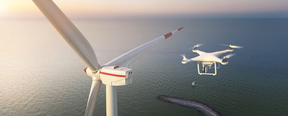 A drone (quadcopter) flying to a wind turbine (wind farm). Suitable for demonstrating the use of drones in the field of renewable energy, inspection and maintenance of wind farms. 3D Illustration.
