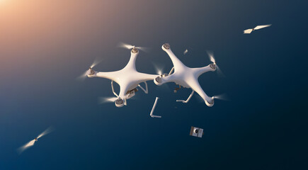Two drones (copters) colliding with each other in the air. This image is suitable for demonstrating potential hazards and risks, as well as the importance of following safety measures.3D Illustration