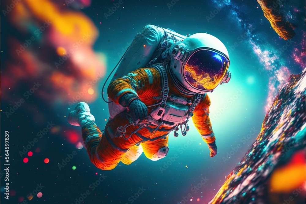 Poster astronaut in the sky diving in the universe with neon rgb light effect. astronaut in space. space su
