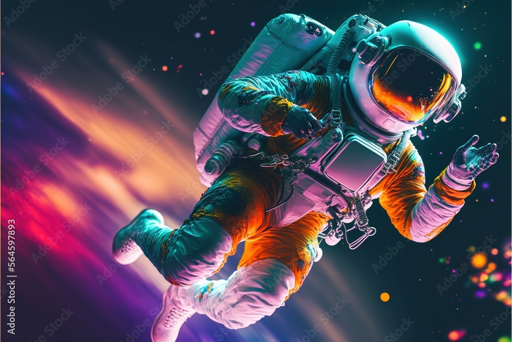 Poster astronaut in the sky diving in the universe with neon rgb light effect. astronaut in space. space su