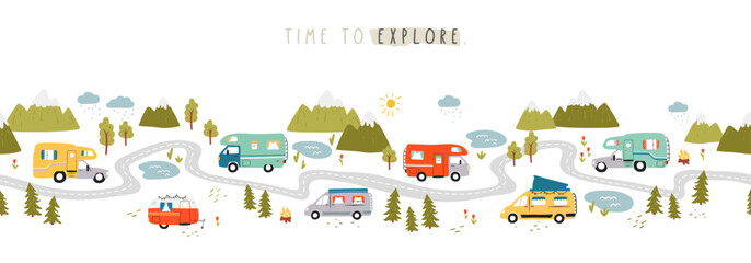 Road trip horizontal seamless pattern, doodle camper vans, vanlife, adventure - great for textiles, banners, wallpapers - vector design  © TALVA