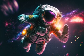 Obraz na płótnie Canvas Astronaut in the sky diving in the universe with neon RGB light effect. Astronaut in space. space suit. Universe colors. suit. Generative AI