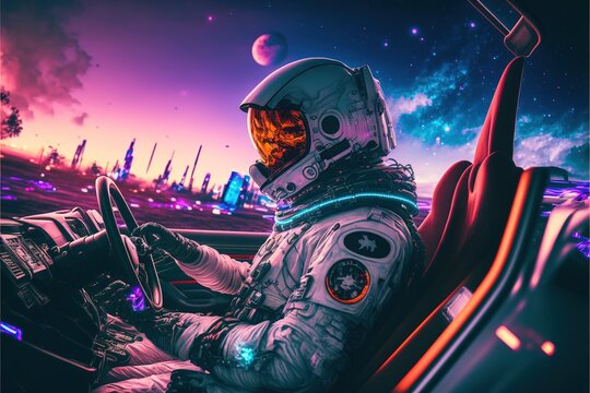 Astronaut in the cyber car in the cyber city cyberpunk with Neon RGB light effects. cyber car. astronaut in the car. supercar. Astronaut. Generative AI