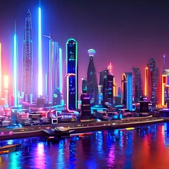 city skyline at night, A futuristic city skyline at night with neon lights
