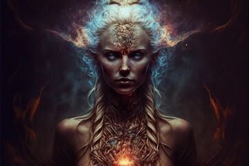 beautiful woman with blue eyes in enlightenment chakra energy generative ai 