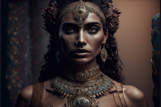 Hindu woman with green eyes illustration generative ai