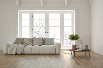 White living room with sofa. Scandinavian interior design. 3D illustration