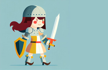 Cartoon girl fighting as knight in armor with sword (Generative AI)