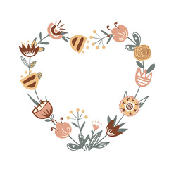 Hand drawn Valentine card with doodle floral heart and place for text. Vector floral frame Scandinavian design isolated on white.